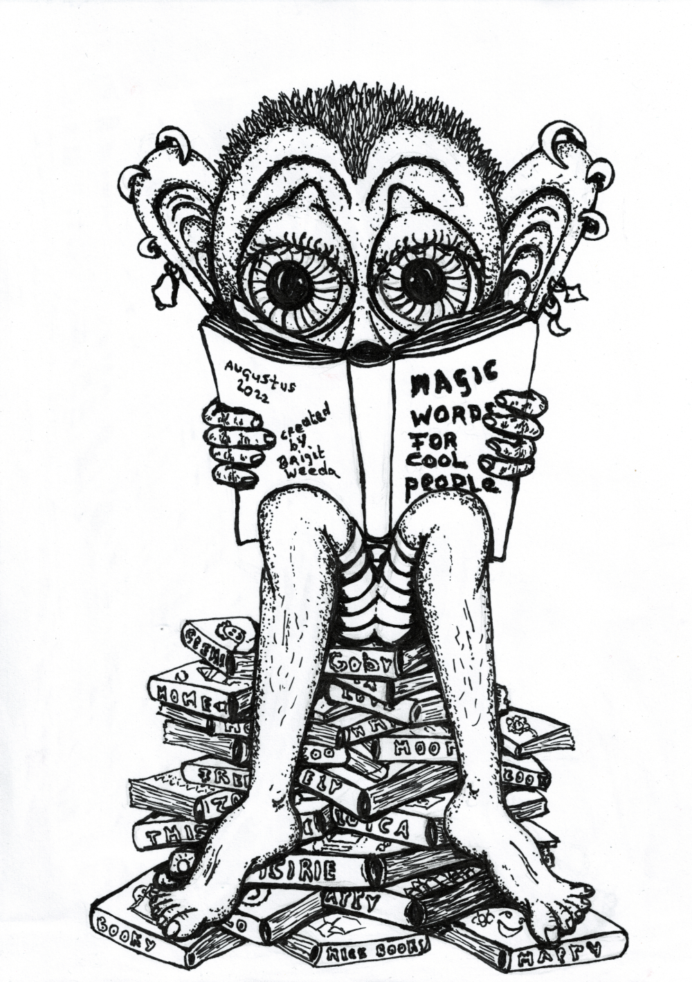 tekening van een boekenwurm, boekenworm