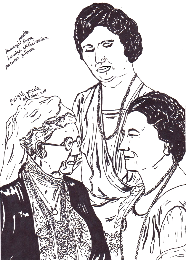 Tekening van koningin moeder Emma, koningin Wilhelmina en koningin Juliana getekend door Brigit Weeda