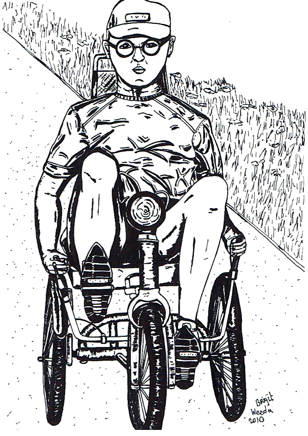 tekening een sportieveling met een lichamelijke handicap op een speciale fiets.