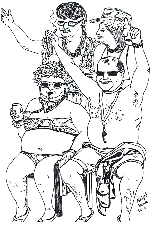 tekening van feestende westerlingen met een ongezonde levensstijl.