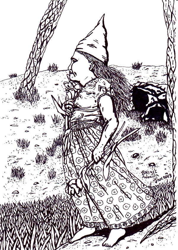 tekening kaboutervrouwtje uitkijkend over en landschap van brigit weeda