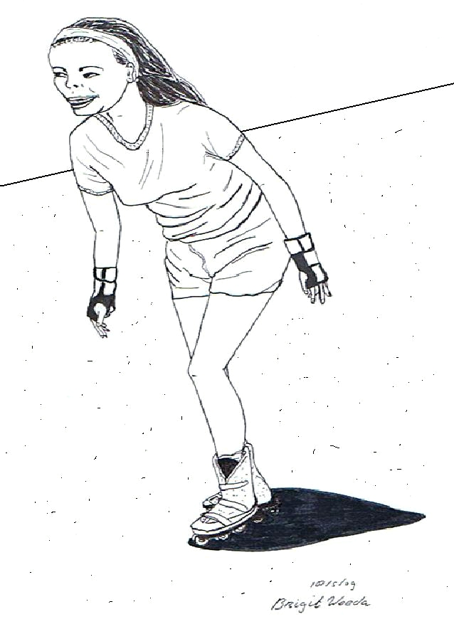 tekening van een skeelerend meisje getekend door Brigit Weeda