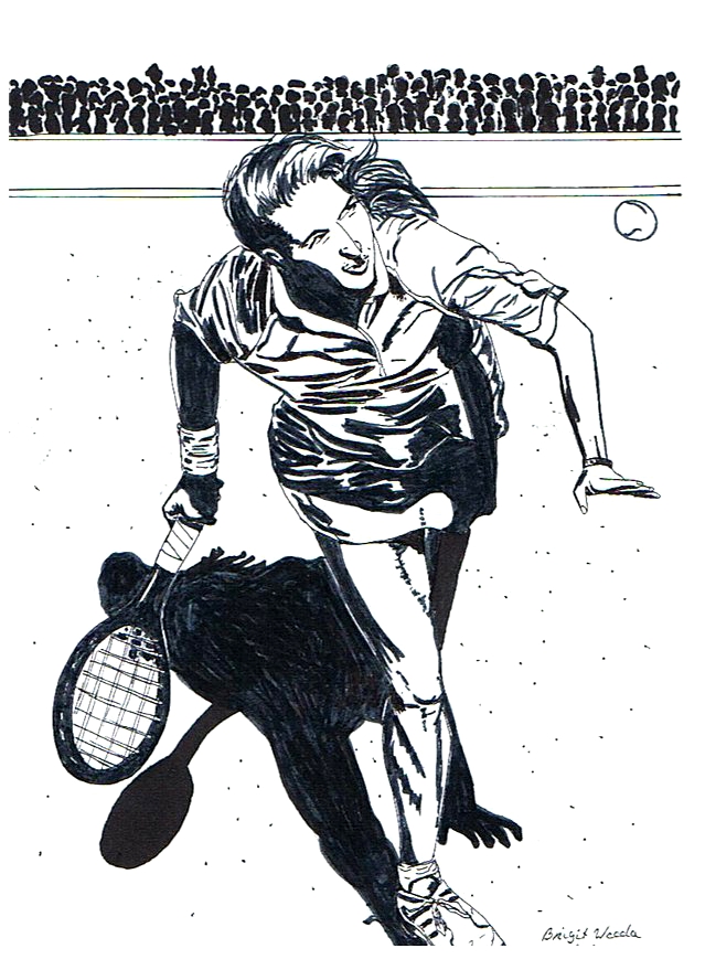 een tennister getekend door Brigit Weeda