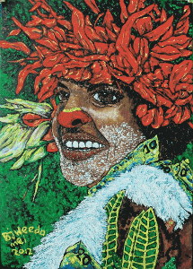 Olieverf schilderij van een pas getrouwd meisje uit Papoea New Guinea geschilderd door Brigit Weeda.