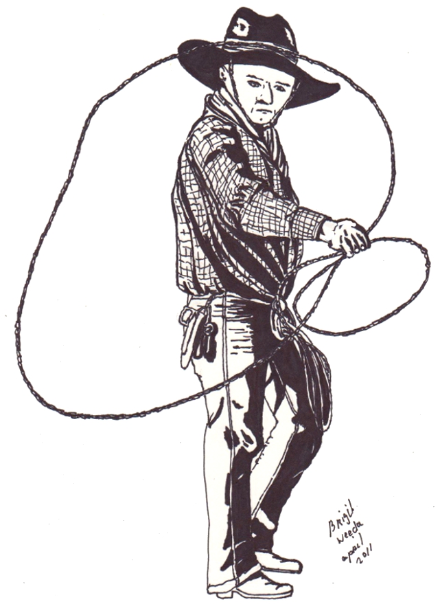 kleurplaat van een cowboy met lasso getekenddoor Brigit Weeda