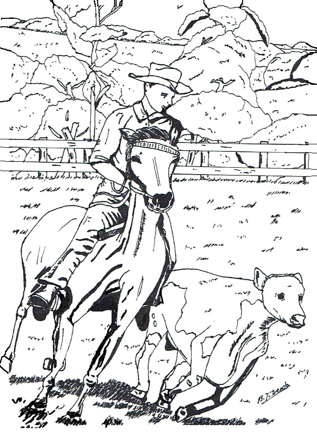 kleurplaat cowboy op paard met koe