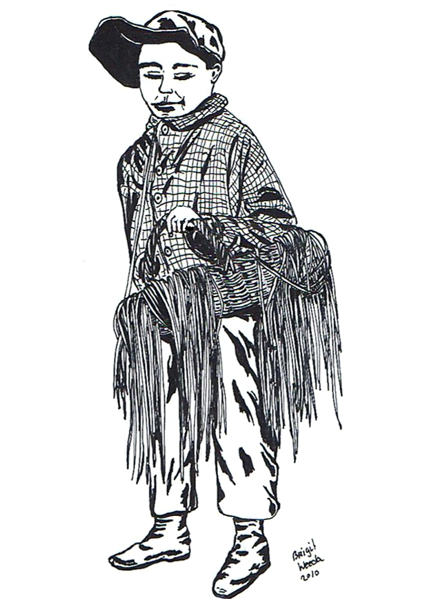 tekening van een jongen die veters verkoopt in de tijd dat kinderarbeid normaal gevonden werd in Europa getekend door Brigit Weeda