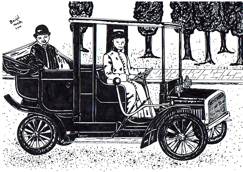 tekening van een oude auto begin 1900 met een chauffeuse