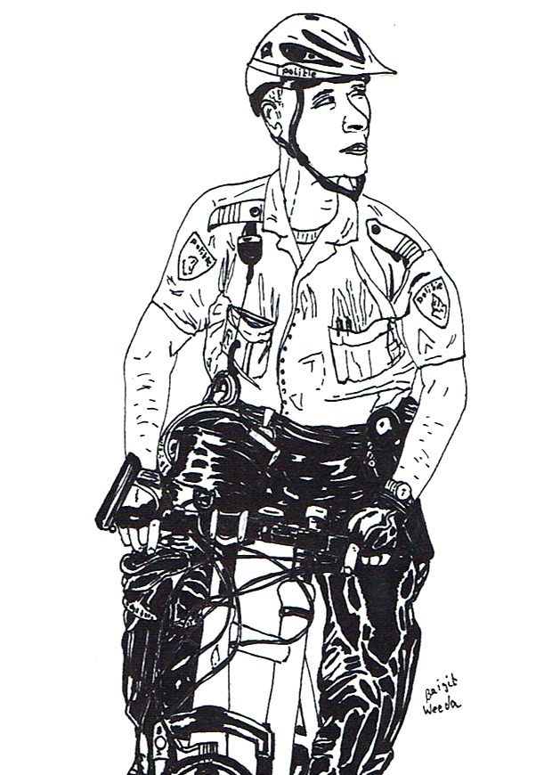 tekening van een een agent patrouillerend op een fiets.