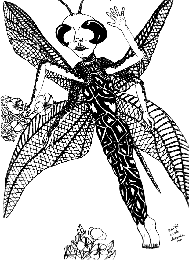 tekening van een insect vermomd als elf van brigit weeda