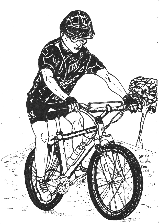 Tekening van een mountainbikerr getekend door Brigit Weeda