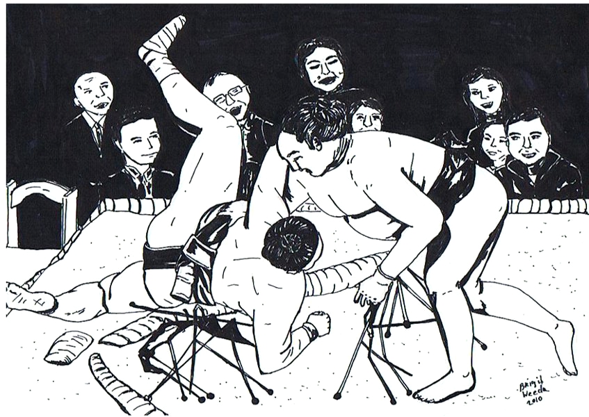 tekening van sumoworstelaars getekend door Brigit Weeda