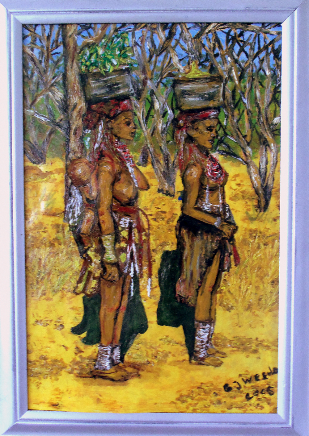 olieverf schilderij van twee afrikaanse vrouwen met een babytje op de rug bij de jonge vouw geschilderd door Brigit Weeda.