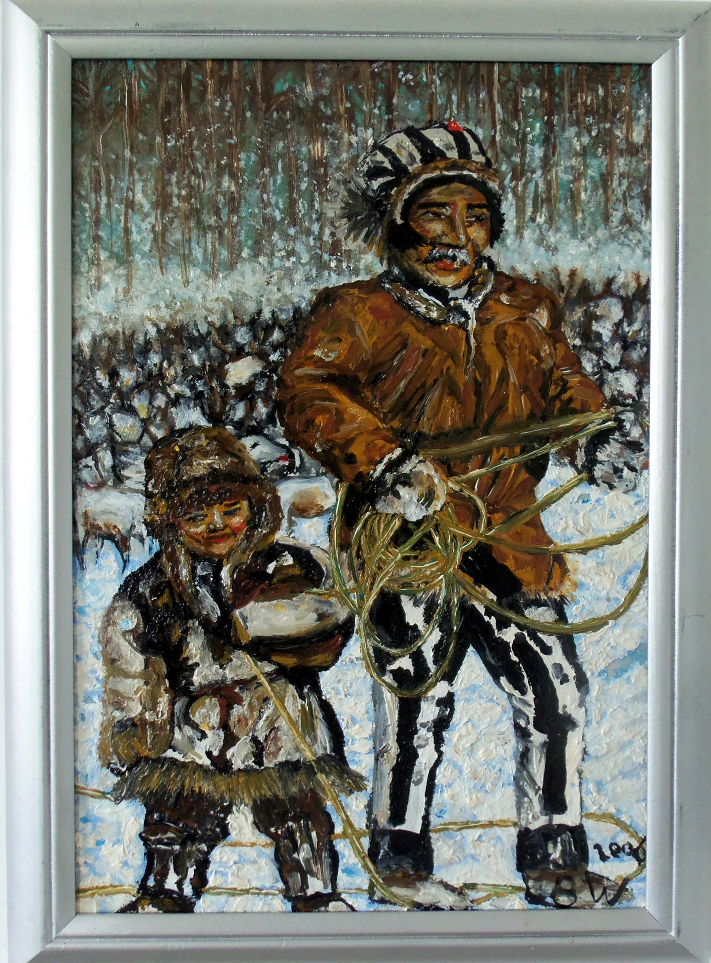 olieverf schilderij van een eskimo vader met kind geschilderd door Brigit Weeda.