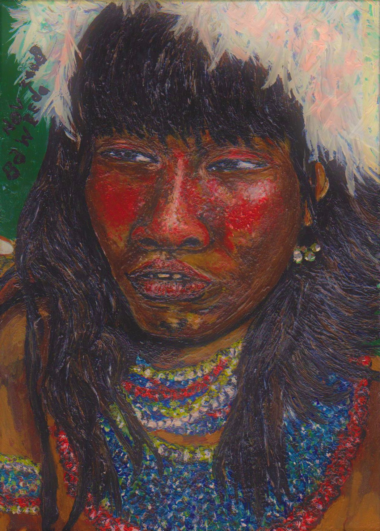 olieverfschilderijtje van een Zuid-Amerikaans Indiaan geschilderd door door Brigit Weeda.