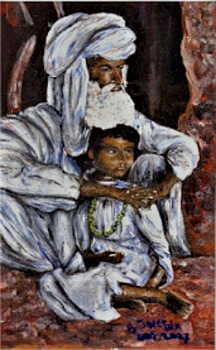 Olieverf schilderij van een arabische vader met kind geschilderd door Brigit Weeda.