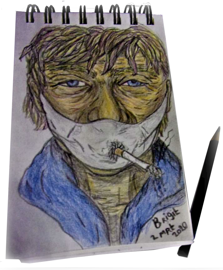 Man met mondmasker en sigaret getekend door Brigit Weeda