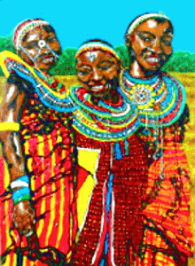 aquarel schilderij van masai meisjes geschilderd door Brigit Weeda.